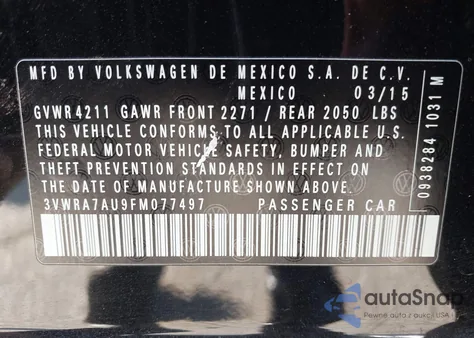 2015 Volkswagen Golf Tdi Sel 4-Door из США, поврежденный, VIN 3VWRA7AU9FM077497